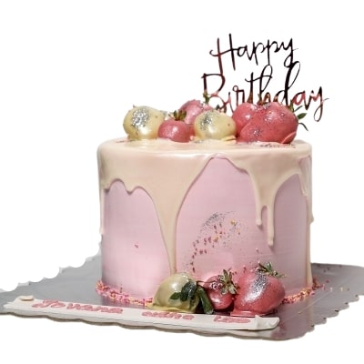 Pink cake with strawberries