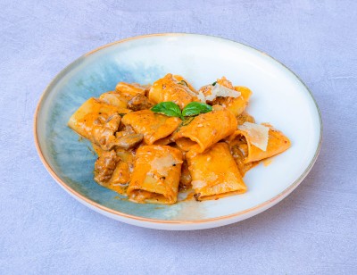 Paccheri with Sausage, Porcini, Grana Padano